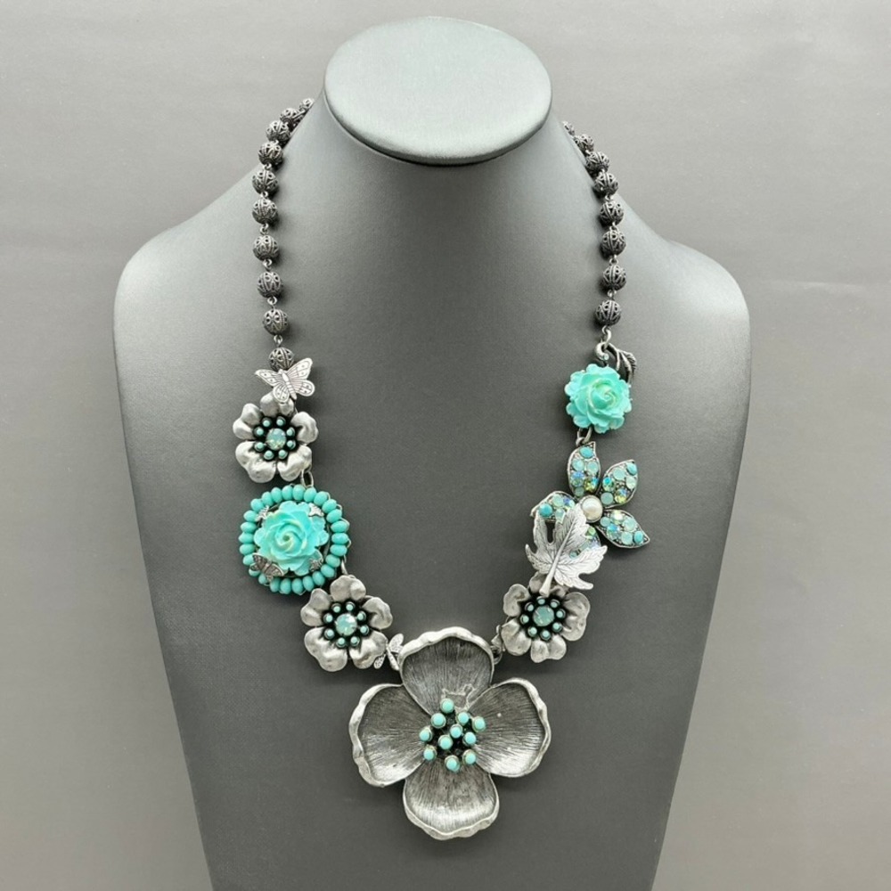 Mary DeMarco Necklace Vintage Turquoise Floral Butterfly Statement Signed 19"
